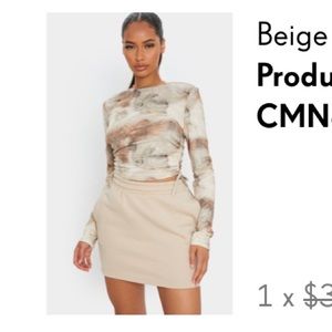 Beige jersey tie ruched side long sleeve crop top